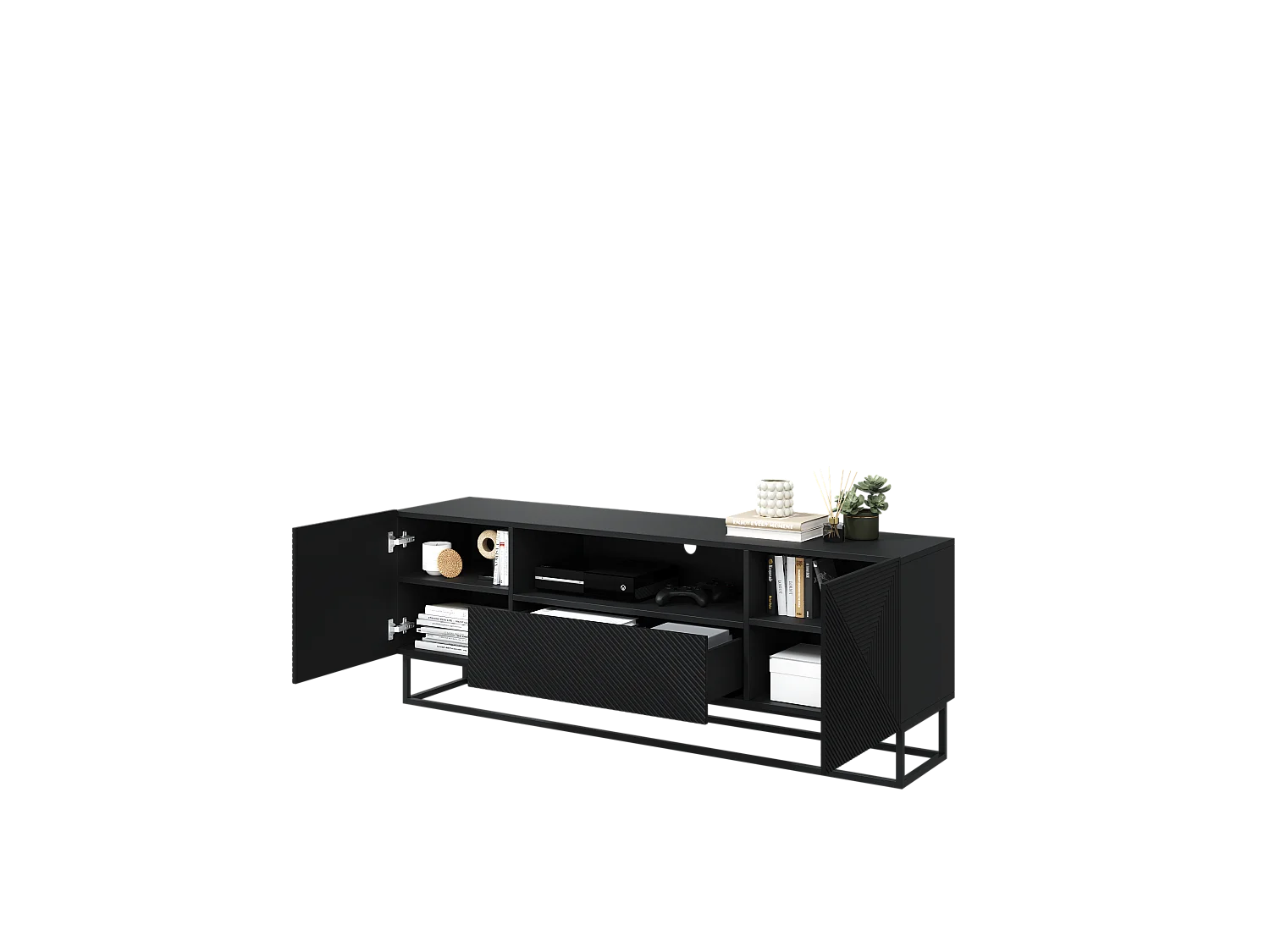 Meuble TV 2 deuren 1 tirair pied metal gelaagd zwart 167x40cm