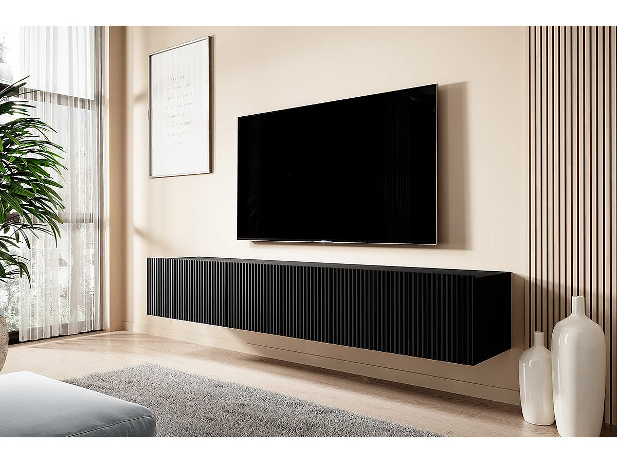 Zwart TV-meubel met 2 vouwdeuren en 1 lade 200x45 cm