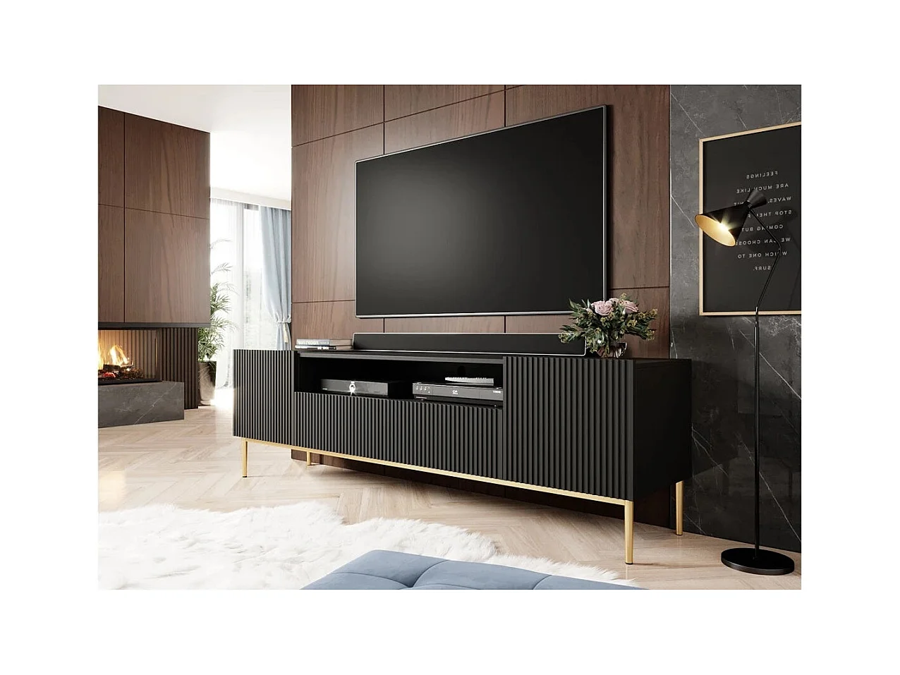 Meuble TV noir met 2 deuren en 2 lades met goud metalen voet 200x45 cm
