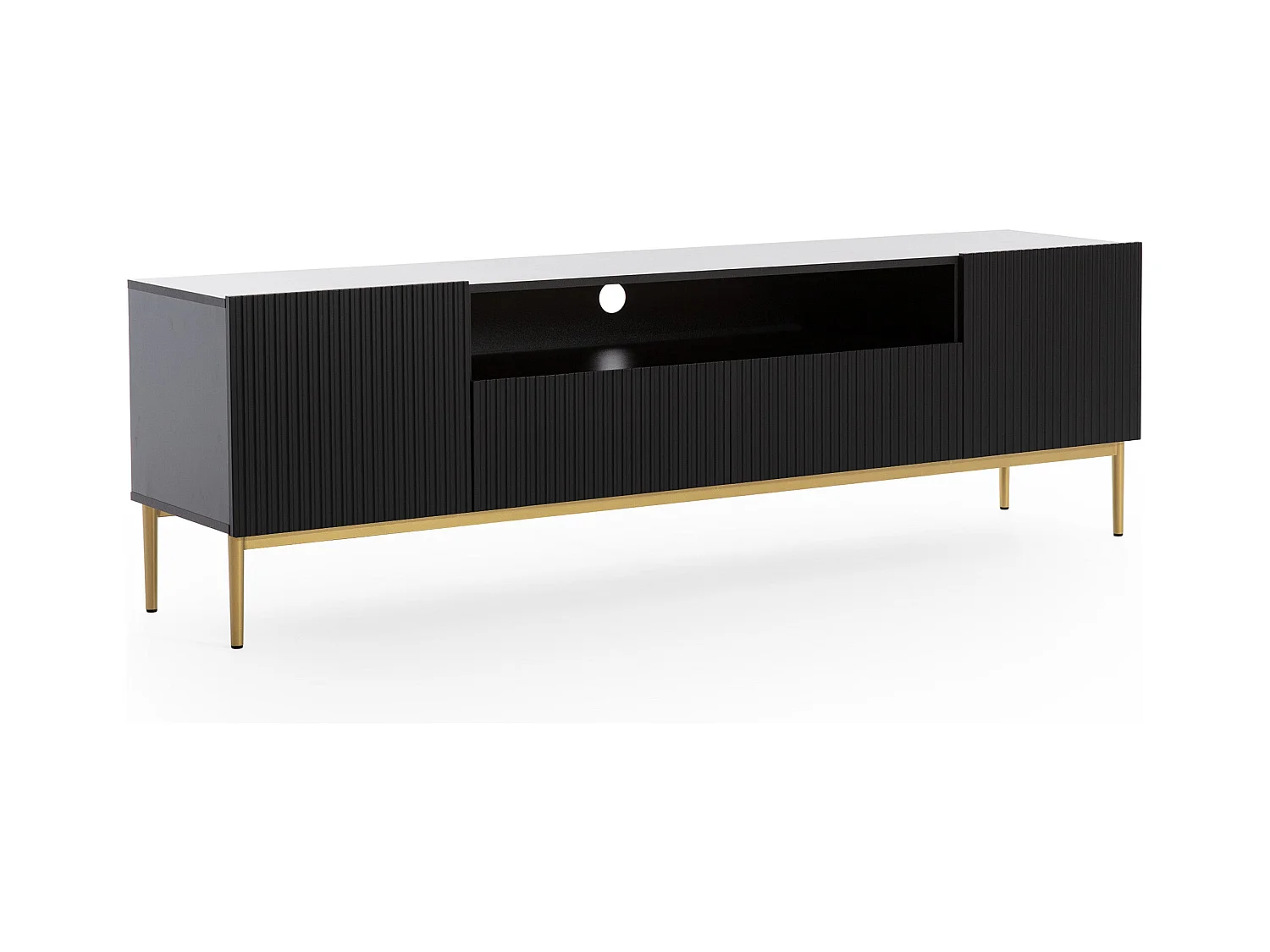 Meuble TV noir met 2 deuren en 2 lades met goud metalen voet 200x45 cm