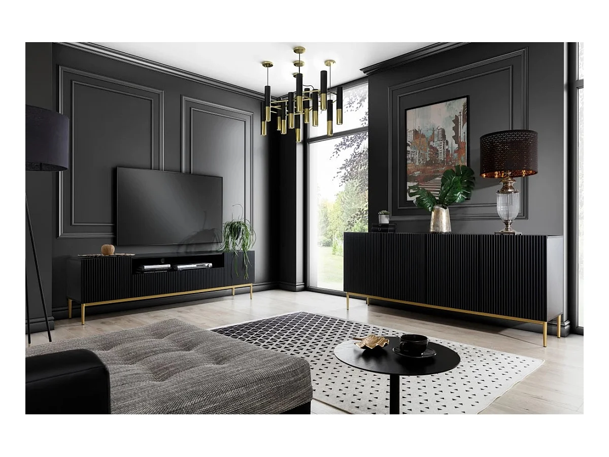 Meuble TV noir met 2 deuren en 2 lades met goud metalen voet 200x45 cm