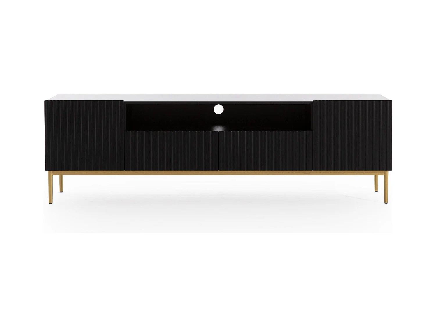 Meuble TV noir met 2 deuren en 2 lades met goud metalen voet 200x45 cm