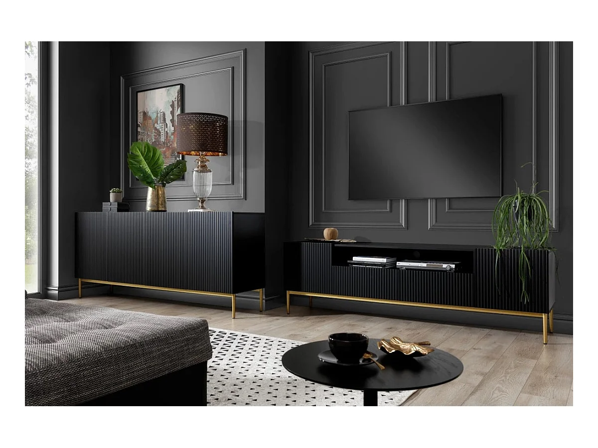 Meuble TV noir met 2 deuren en 2 lades met goud metalen voet 200x45 cm
