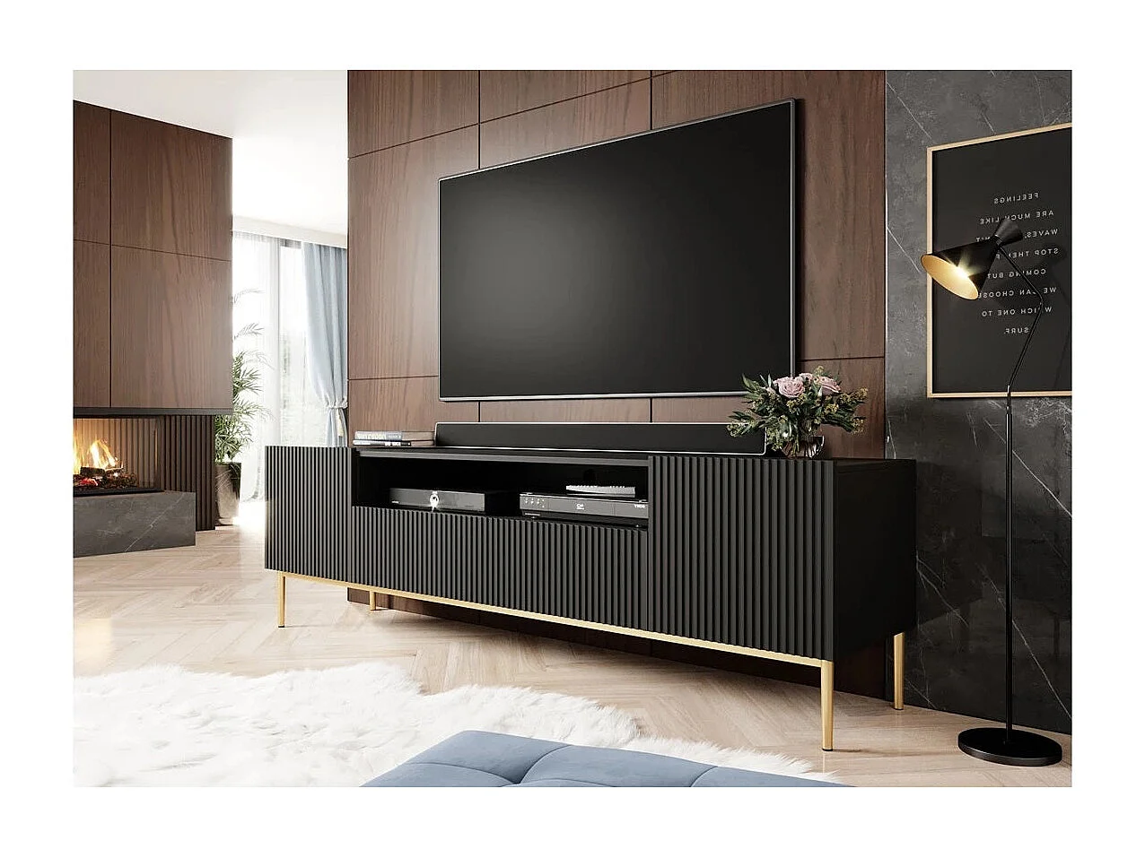 Meuble TV noir met 2 deuren en 2 lades met goud metalen voet 200x45 cm