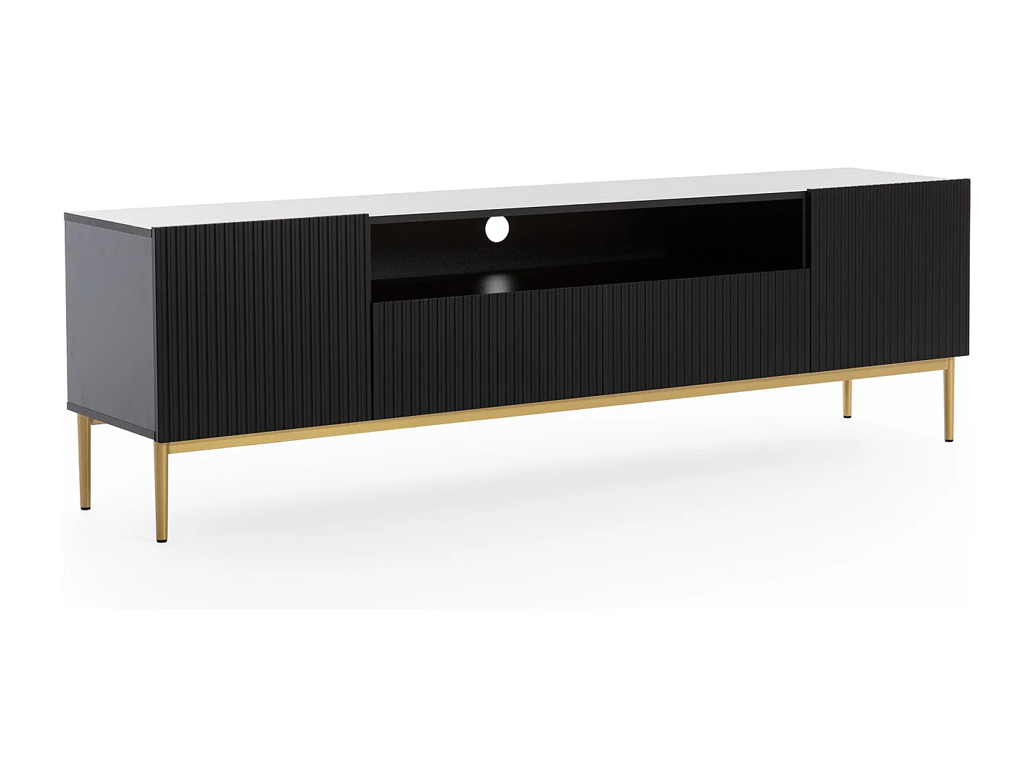 Meuble TV noir met 2 deuren en 2 lades met goud metalen voet 200x45 cm