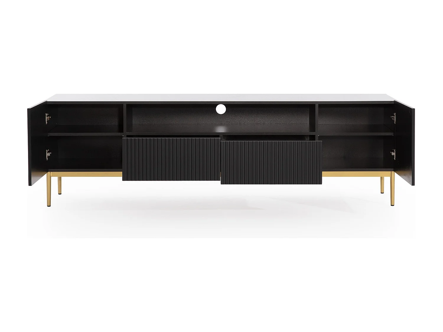 Meuble TV noir met 2 deuren en 2 lades met goud metalen voet 200x45 cm