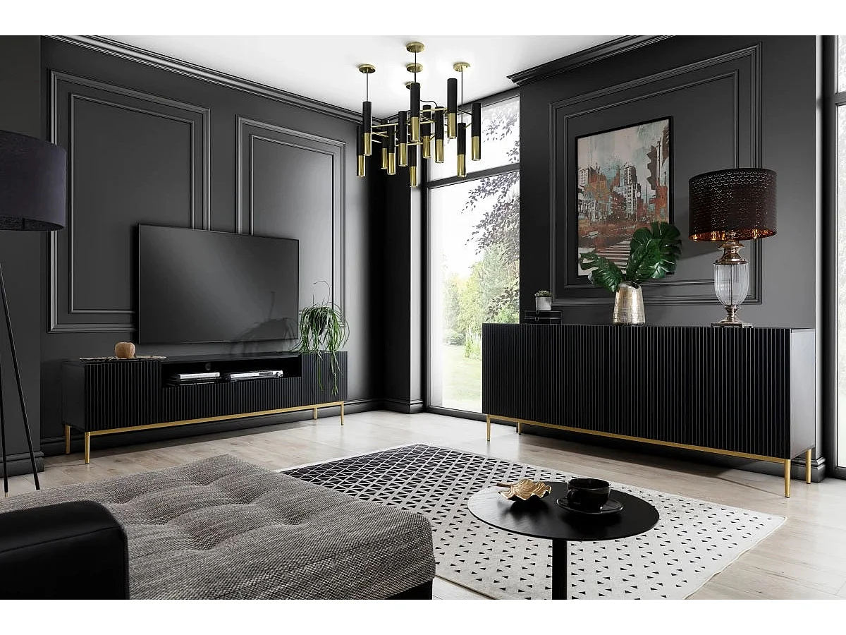 Meuble TV noir met 2 deuren en 2 lades met goud metalen voet 200x45 cm