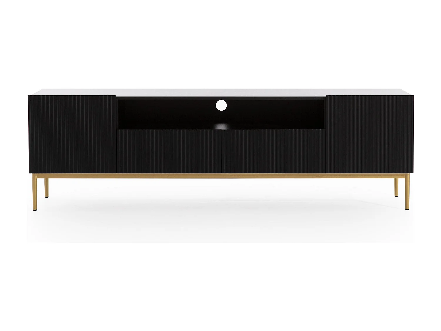 Meuble TV noir met 2 deuren en 2 lades met goud metalen voet 200x45 cm