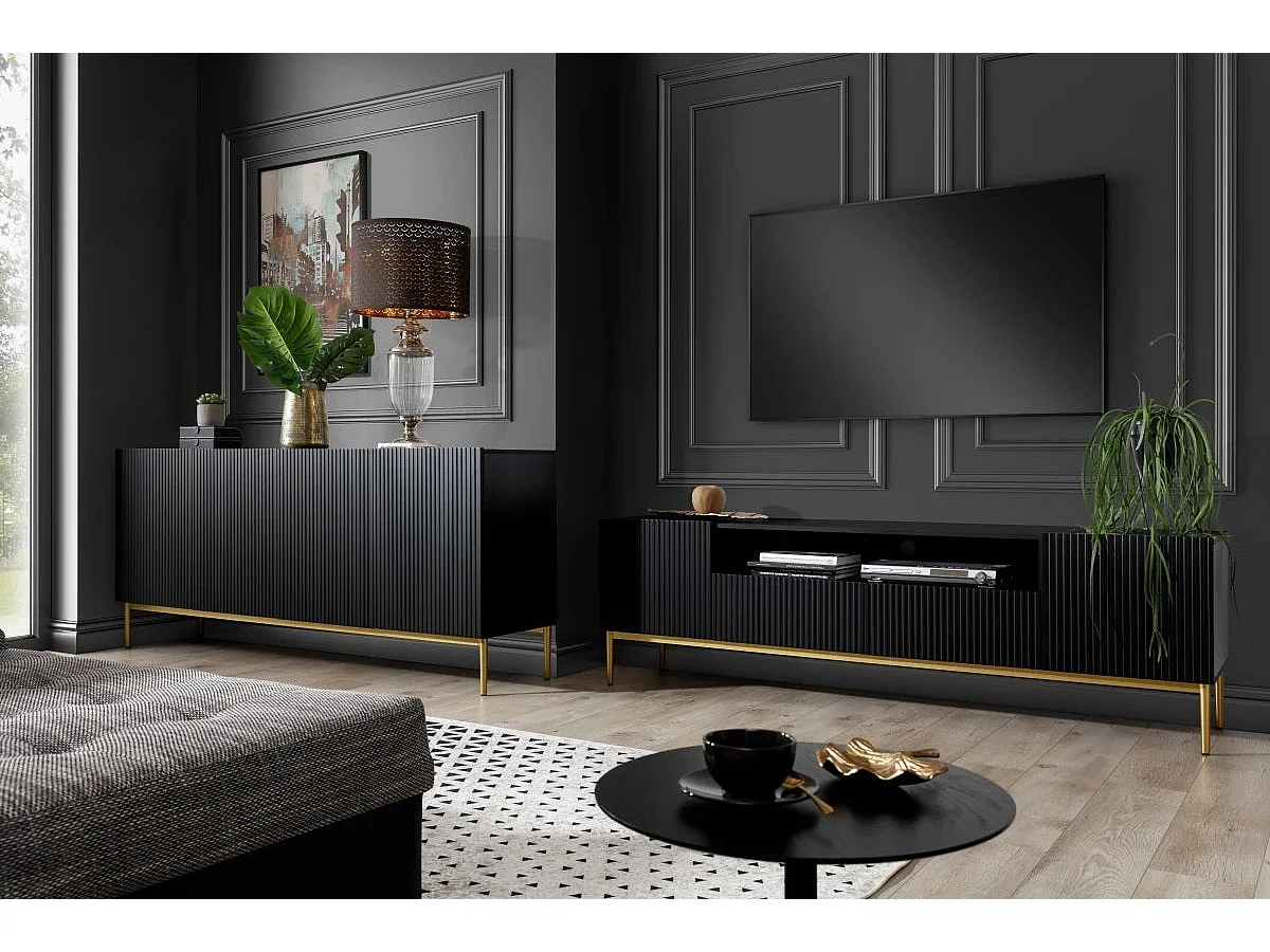 Meuble TV noir met 2 deuren en 2 lades met goud metalen voet 200x45 cm