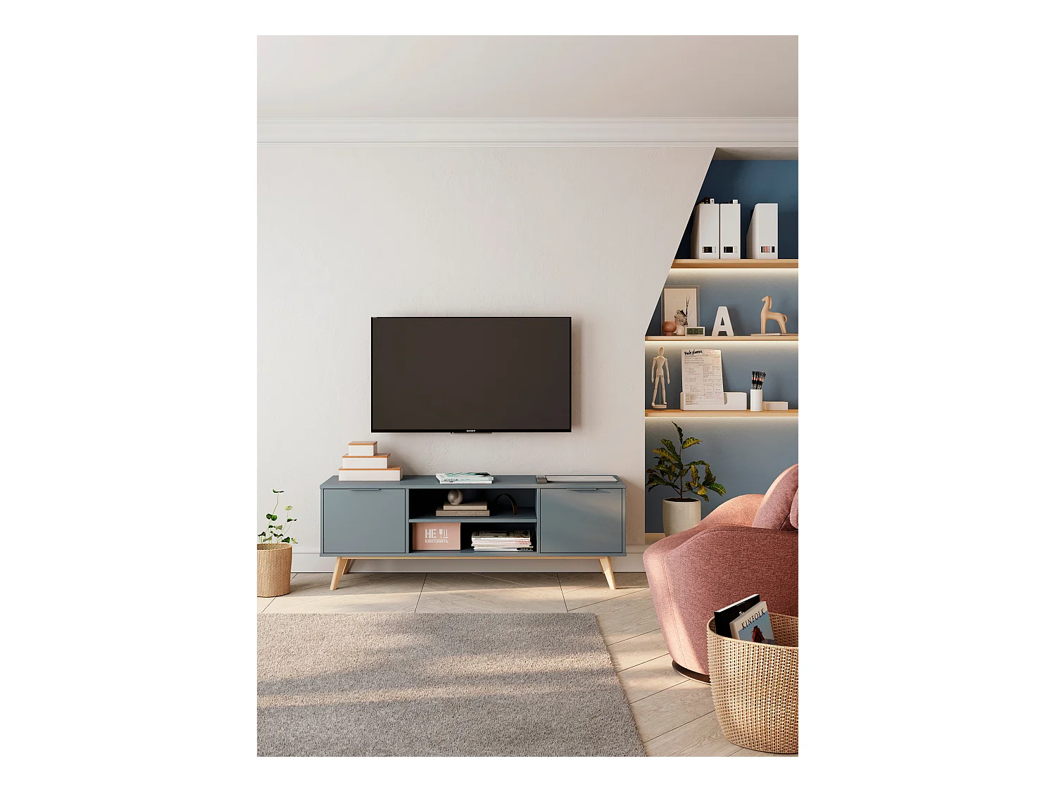 Meuble TV 2 portes avec étagères ouvertes 140x53 cm