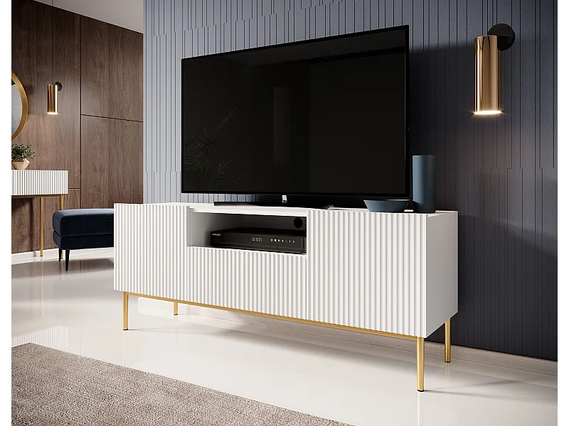 Mueble TV blanco con 2 puertas y 1 cajón con pie de metal dorado 150x45 cm