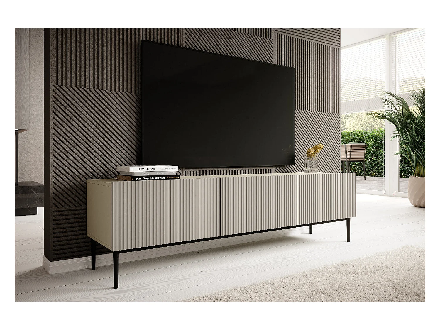 Mueble TV con 2 puertas abatibles y 1 cajón de cashmere con pie negro 200x45 cm