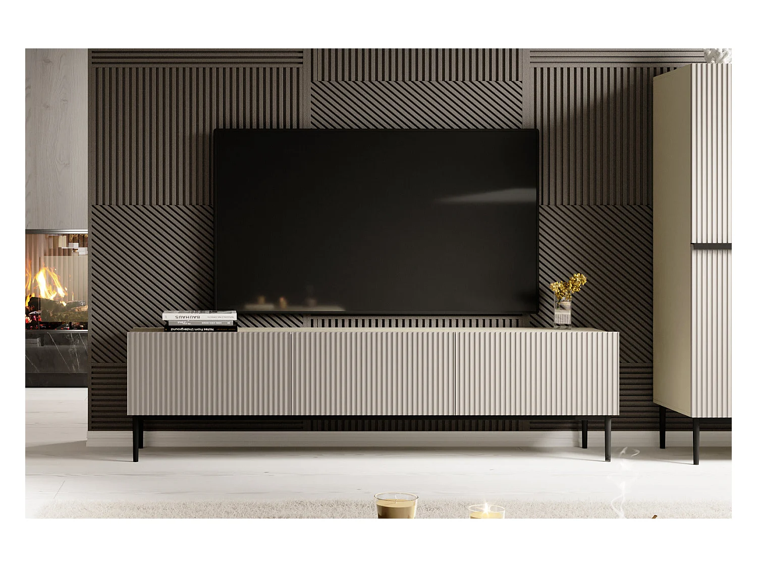 Mueble TV con 2 puertas abatibles y 1 cajón de cashmere con pie negro 200x45 cm