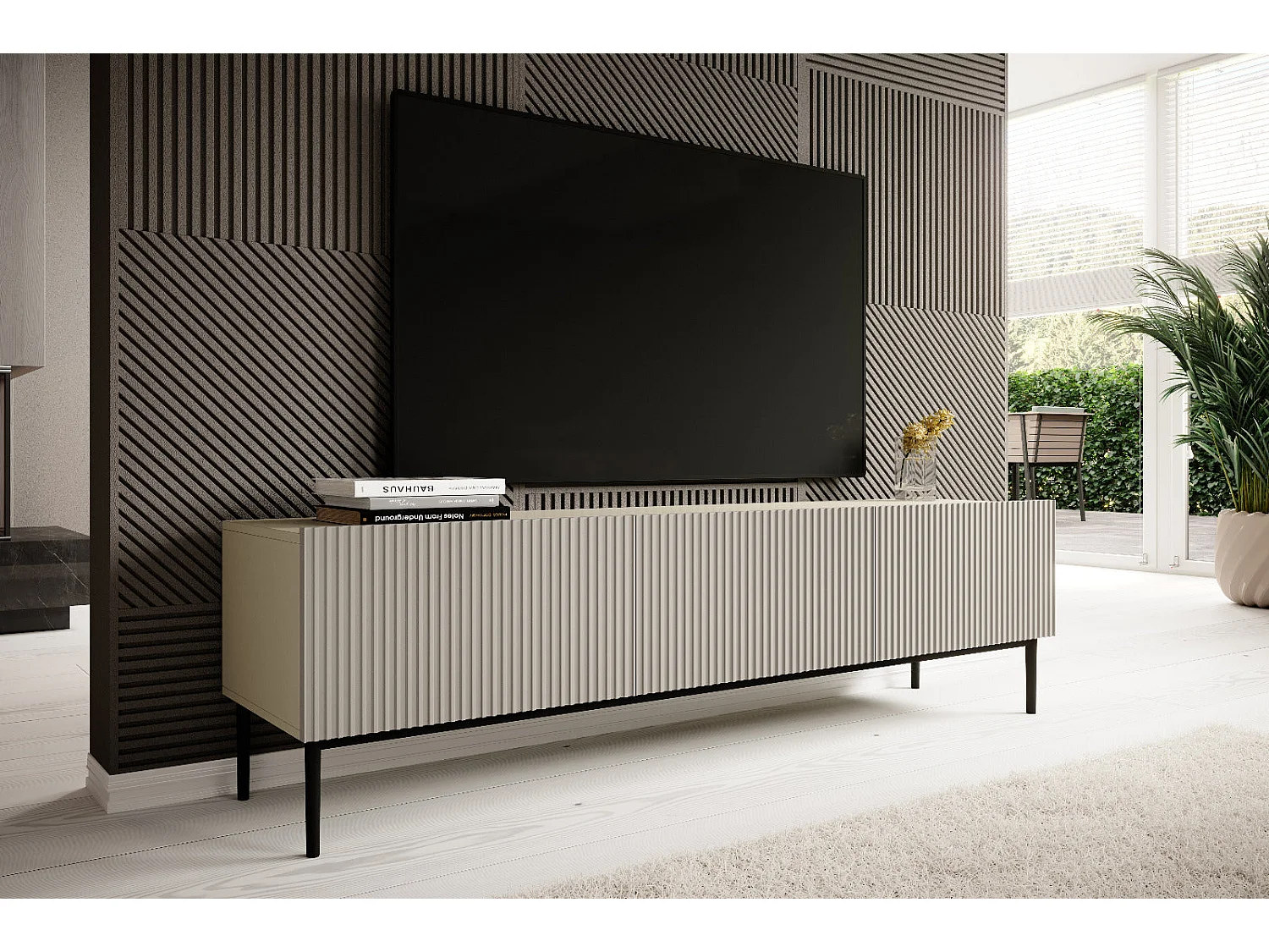 Mobile tv 2 ante ribalta 1 cassetto cashmere piede nero 200x45 cm