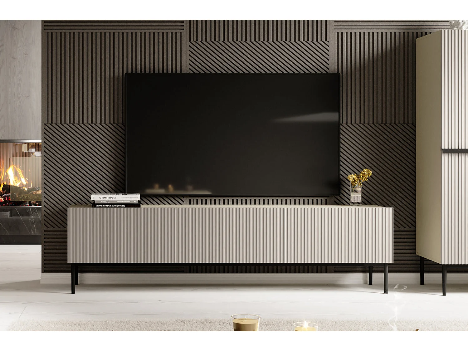 Mobile tv 2 ante ribalta 1 cassetto cashmere piede nero 200x45 cm