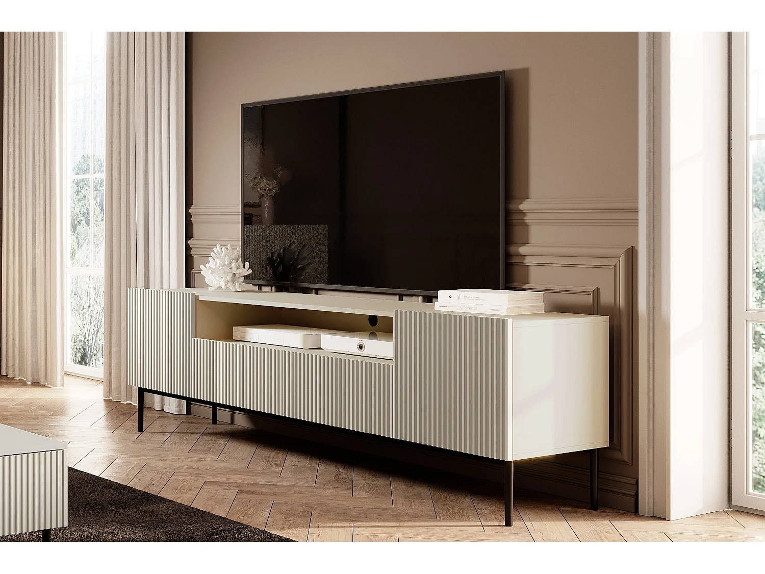 Cashmere TV-meubel met 2 deuren en 2 lades met zwart metalen voet 200x45 cm