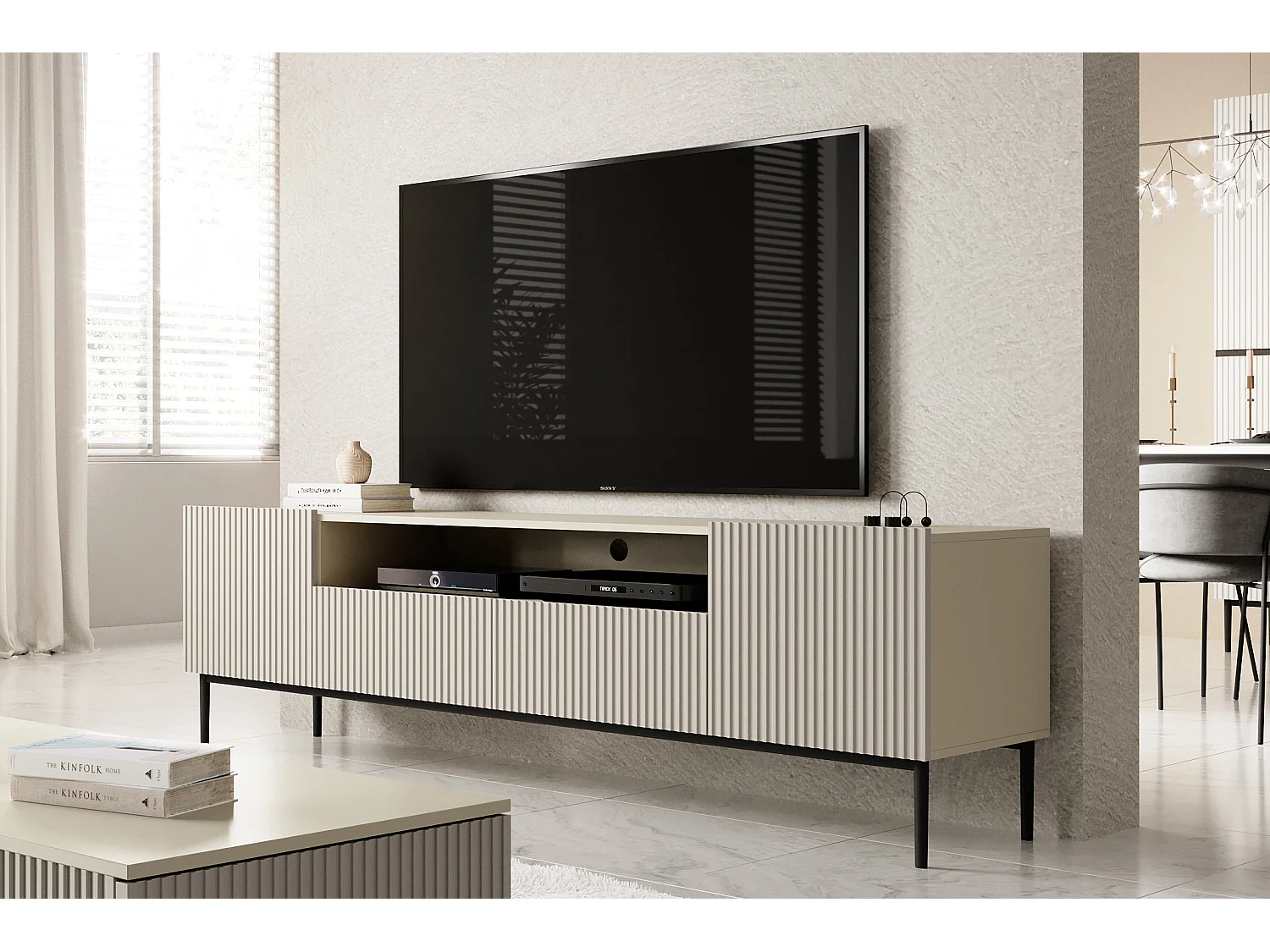 Cashmere TV-meubel met 2 deuren en 2 lades met zwart metalen voet 200x45 cm