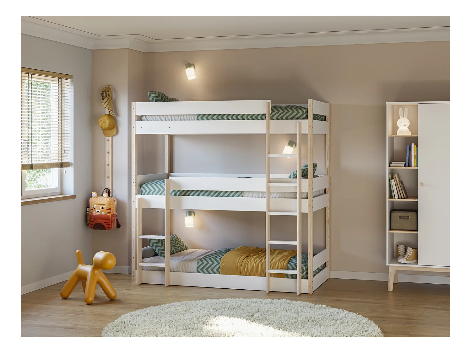 Lits superposés couchages 90x190 cm décor blanc laqué et bois clair ÉLIA