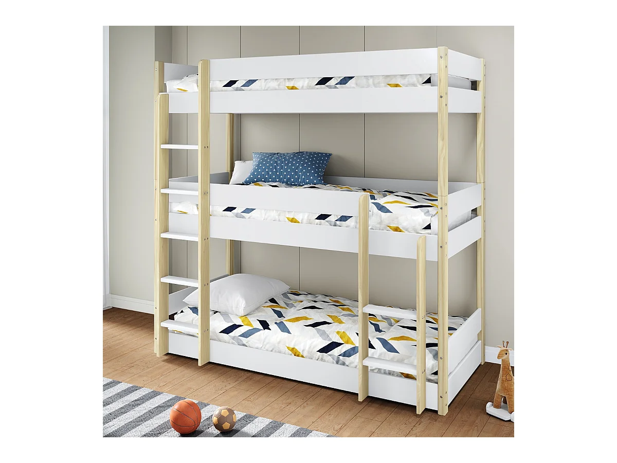 Lits superposés couchages 90x190 cm décor blanc laqué et bois clair ÉLIA