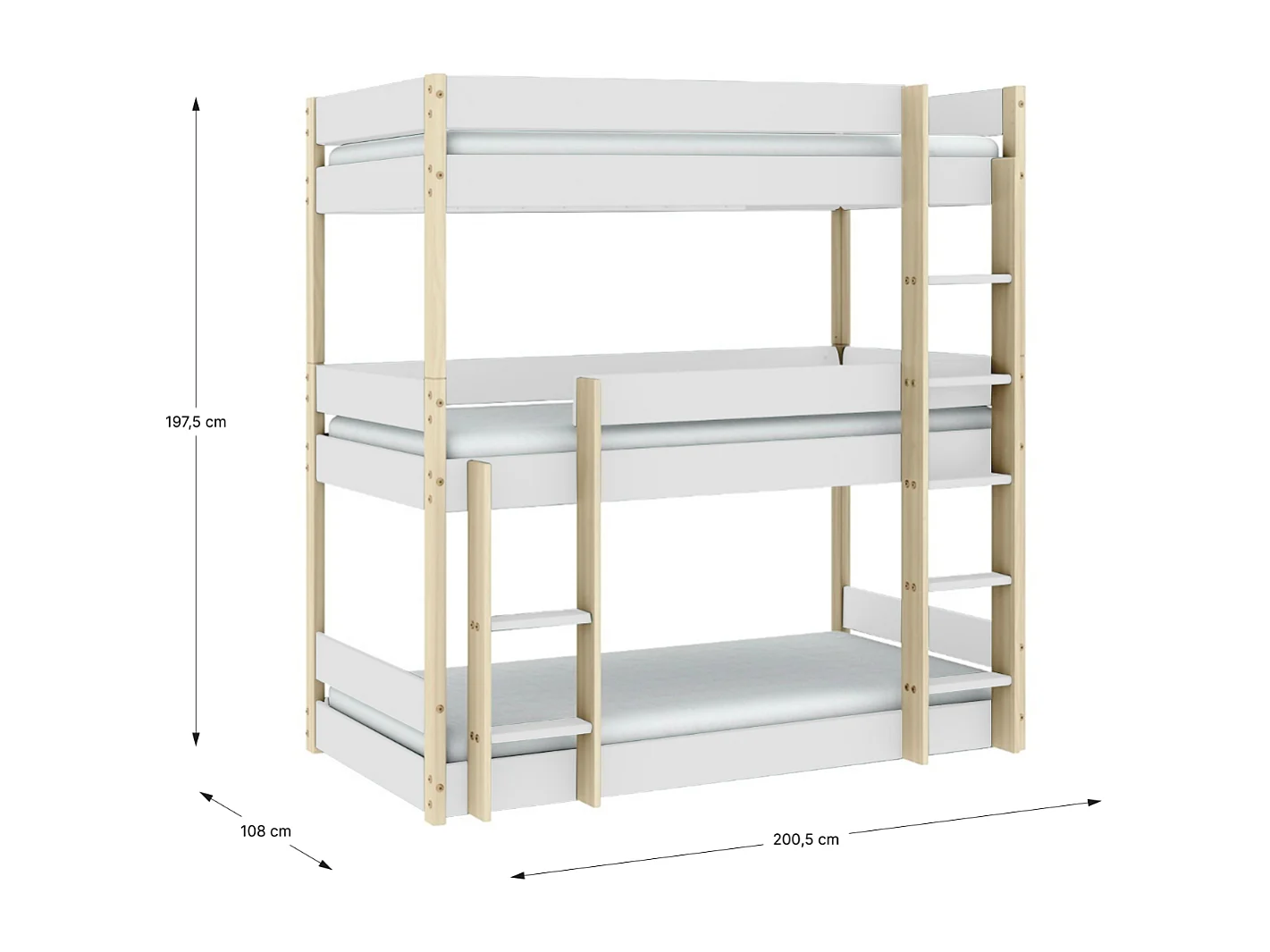 Litera infantil de tres plantas blanca 200x197 cm