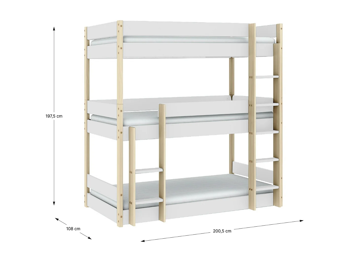 Letto a castello per bambini a tre piani bianco 200x197 cm