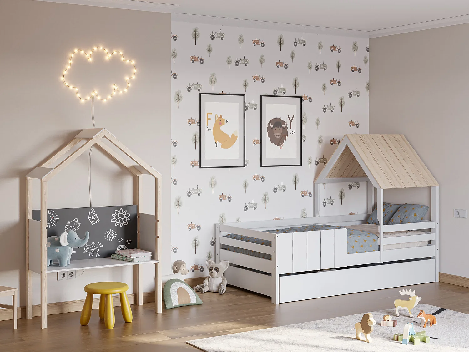 Lit superposé forme maison blanche 201x114 cm