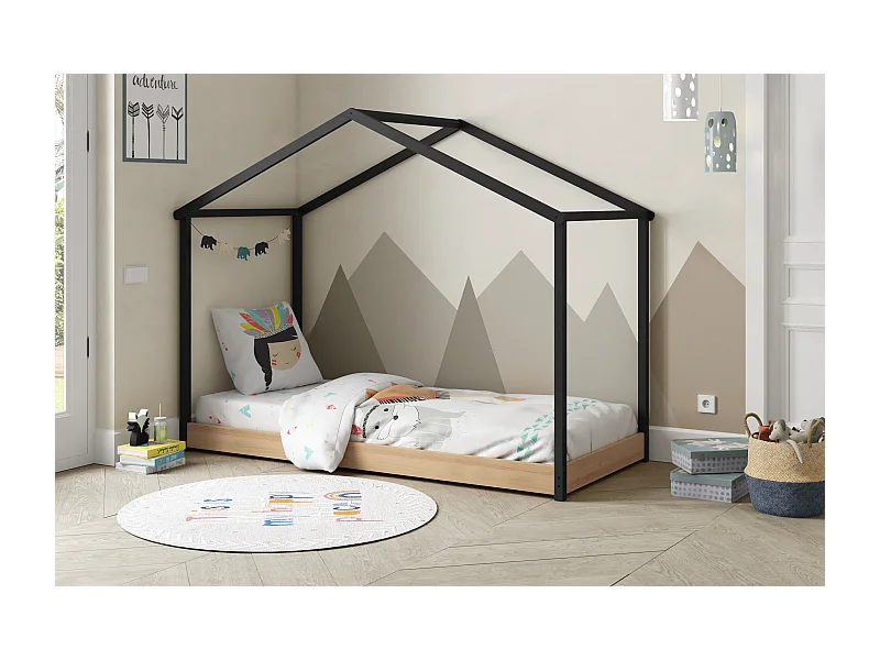 Cama estilo casa preta e carvalho 216x164 cm