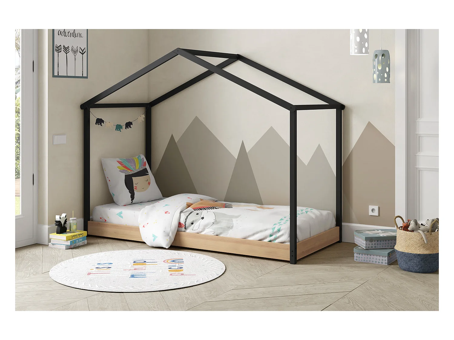 Bett im Hausstil in Schwarz und Eiche, 216 x 164 cm