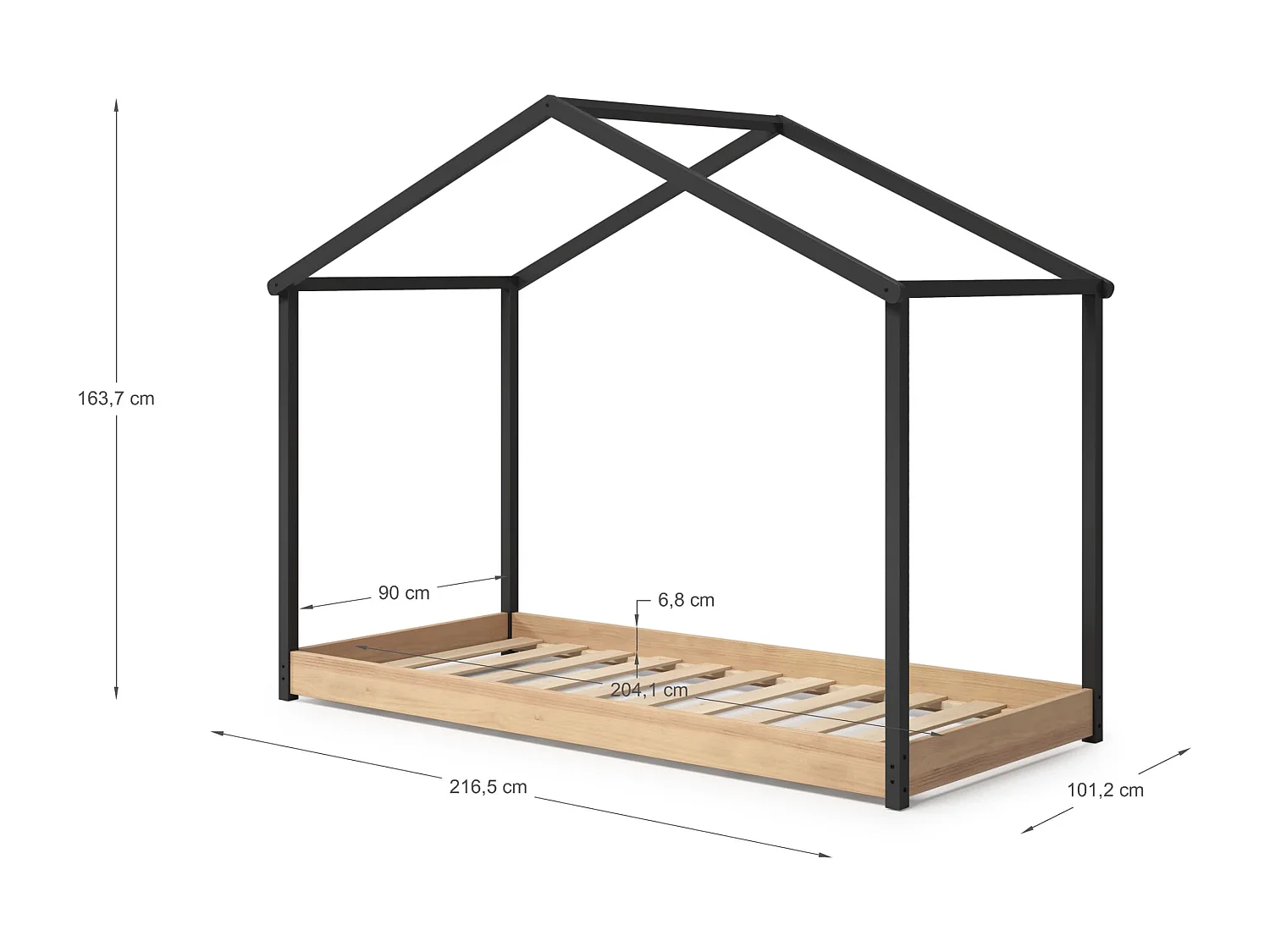 Bett im Hausstil in Schwarz und Eiche, 216 x 164 cm