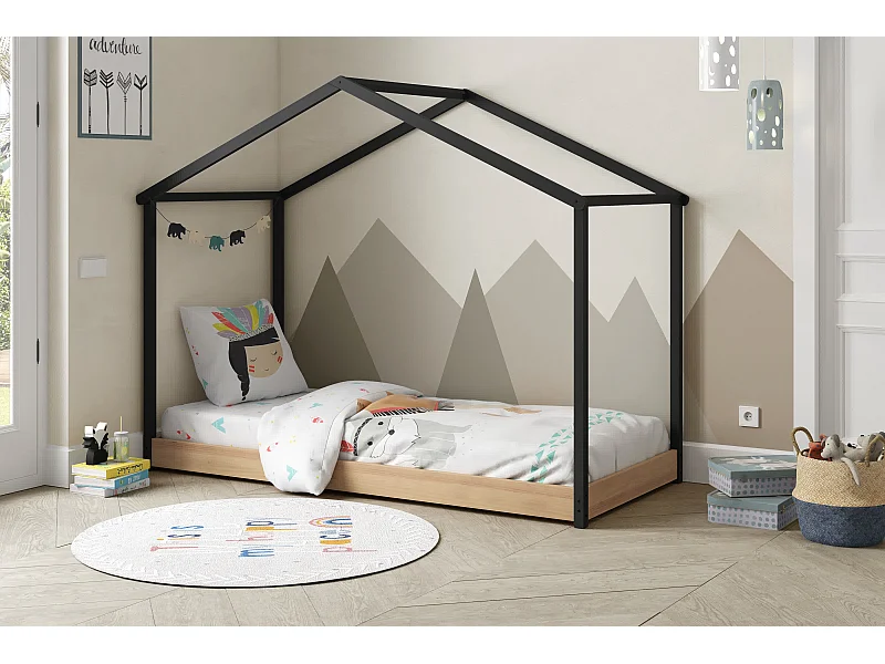 Letto a stile casetta nero e rovere 216x164 cm