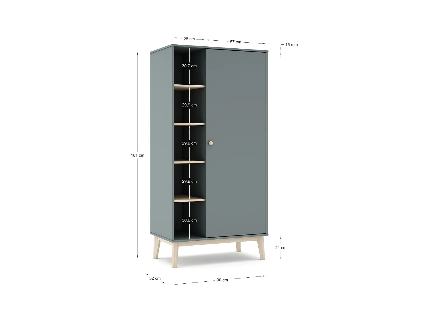 Armoire avec 1 porte et 4 étagères 90x181 cm