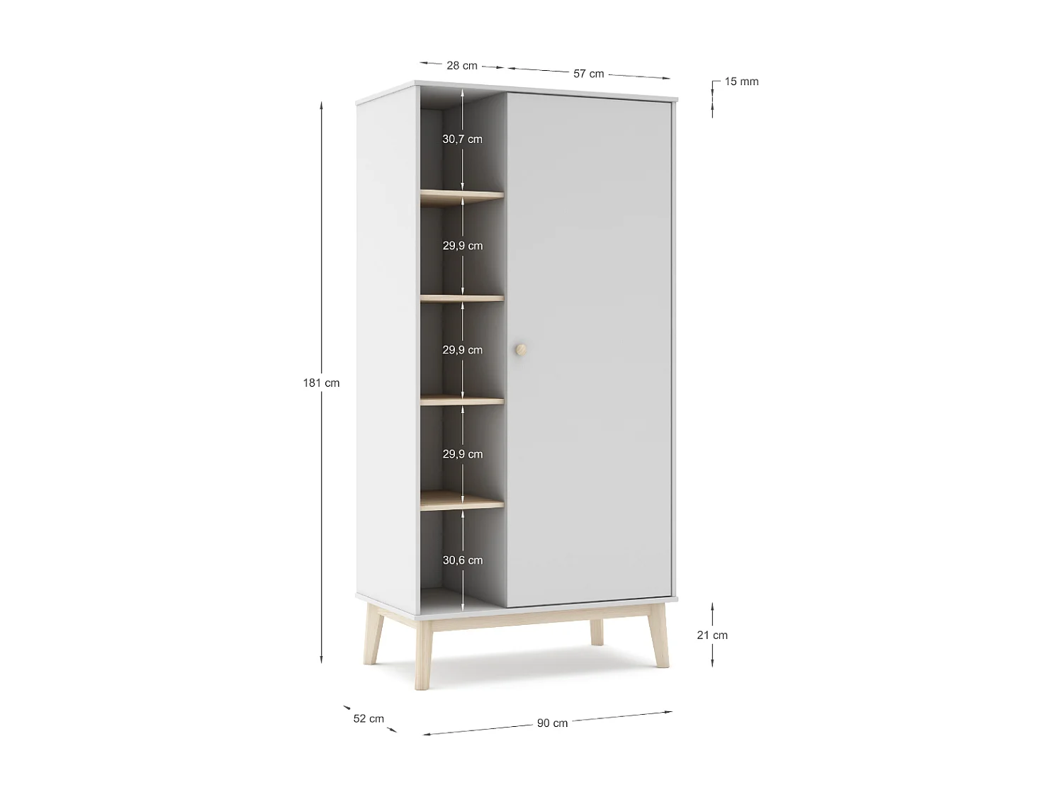 Armoire avec 1 porte et 4 étagères 90x181 cm