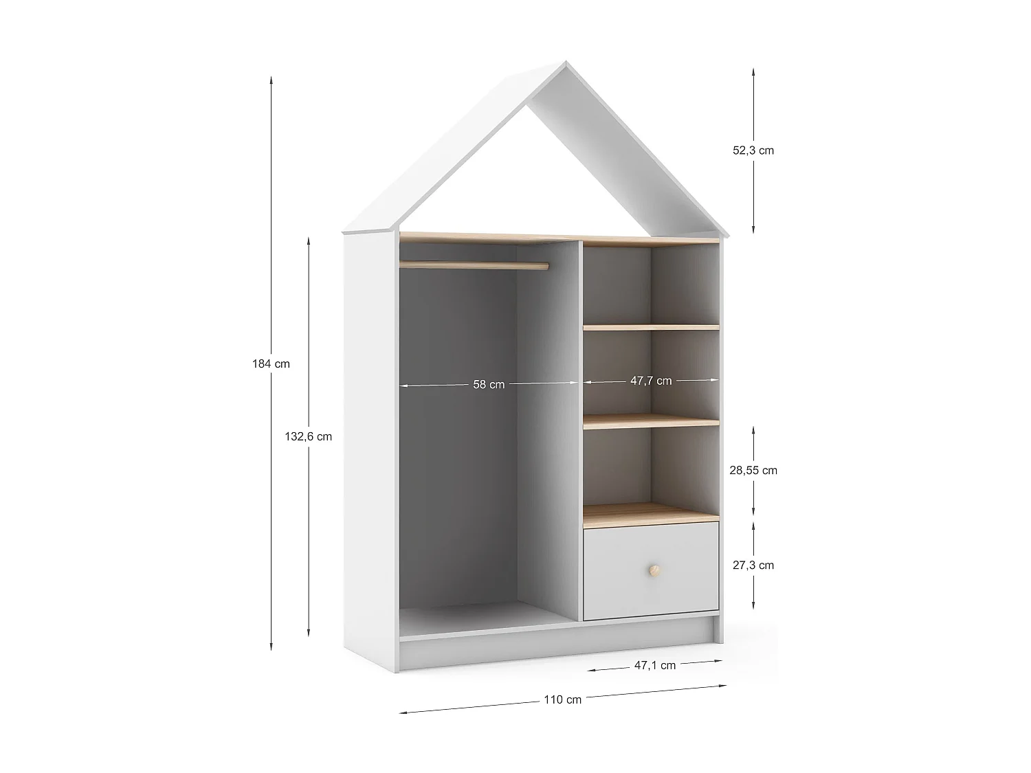 Armoire avec 3 compartiments et 1 tiroir 110x180 cm