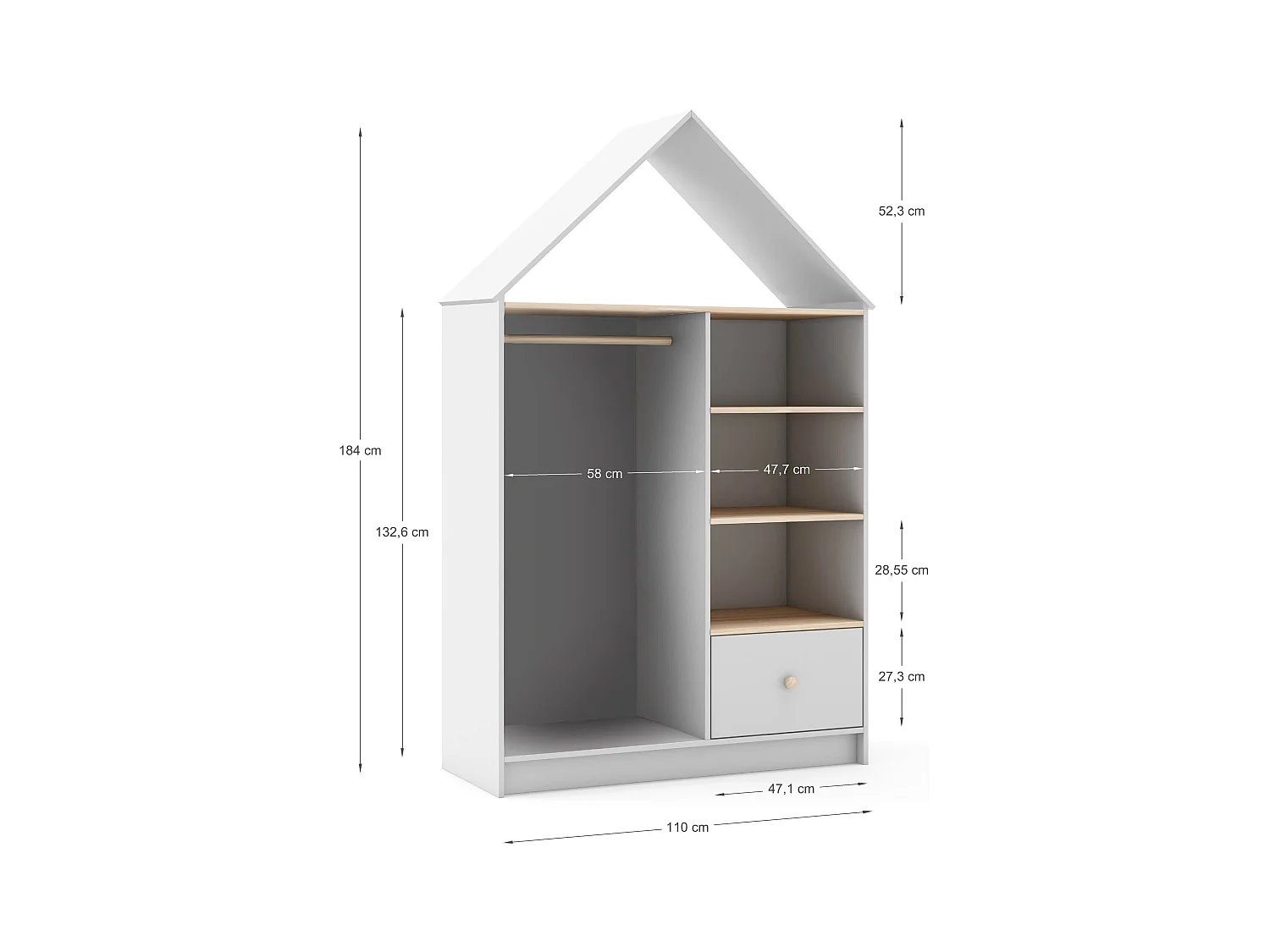 Armoire avec 3 compartiments et 1 tiroir 110x180 cm