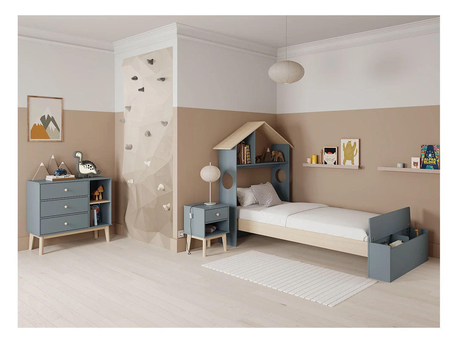 Lit simple avec étagère et coffre de rangement 216,5x153 cm