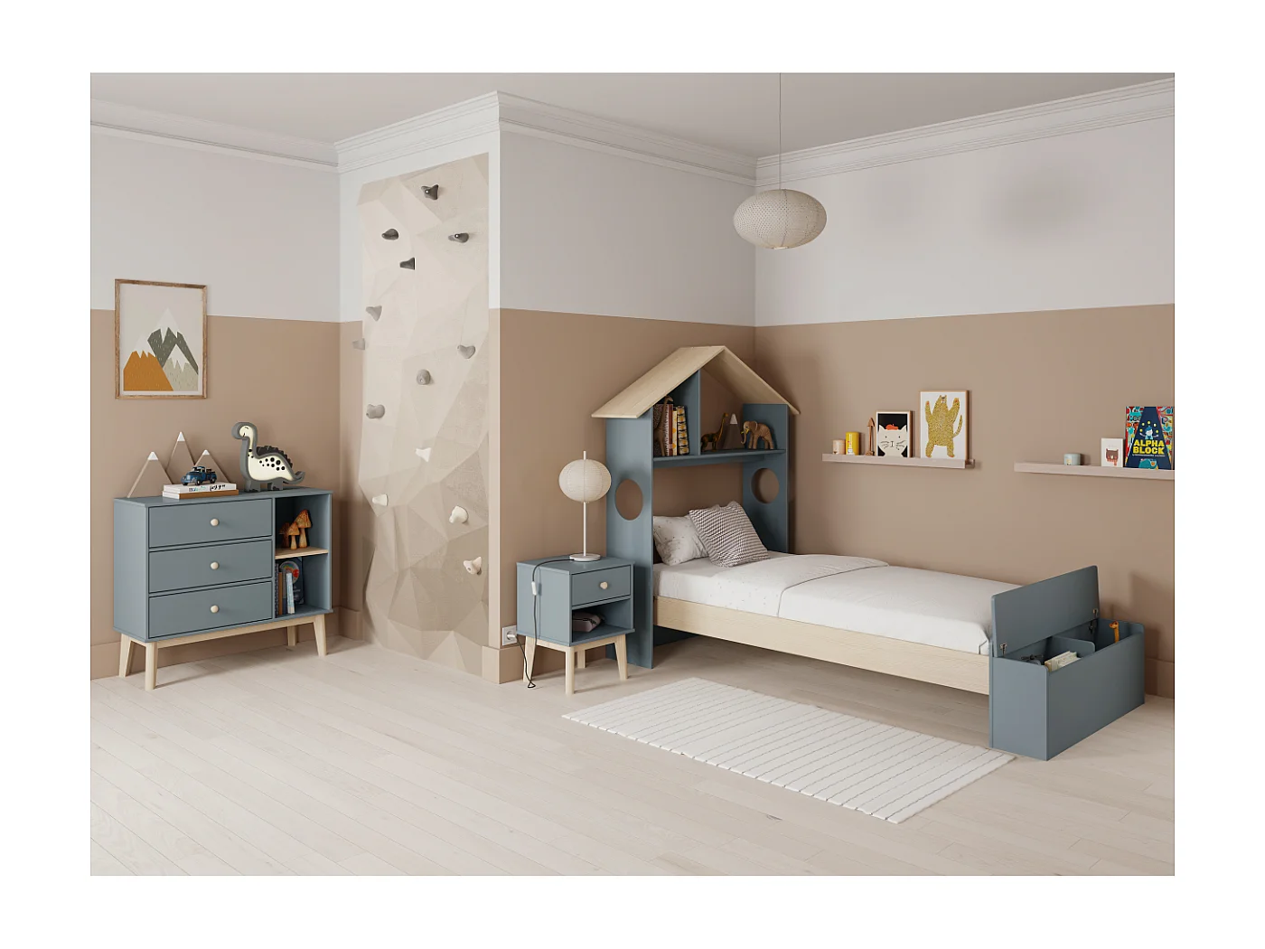 Lit simple avec étagère et coffre de rangement 216,5x153 cm