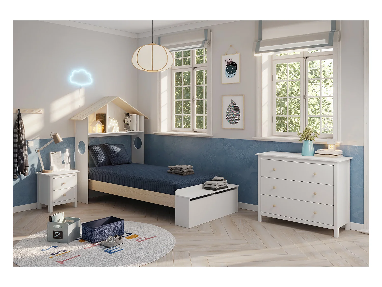 Lit simple avec étagère et coffre de rangement 216,5x153 cm