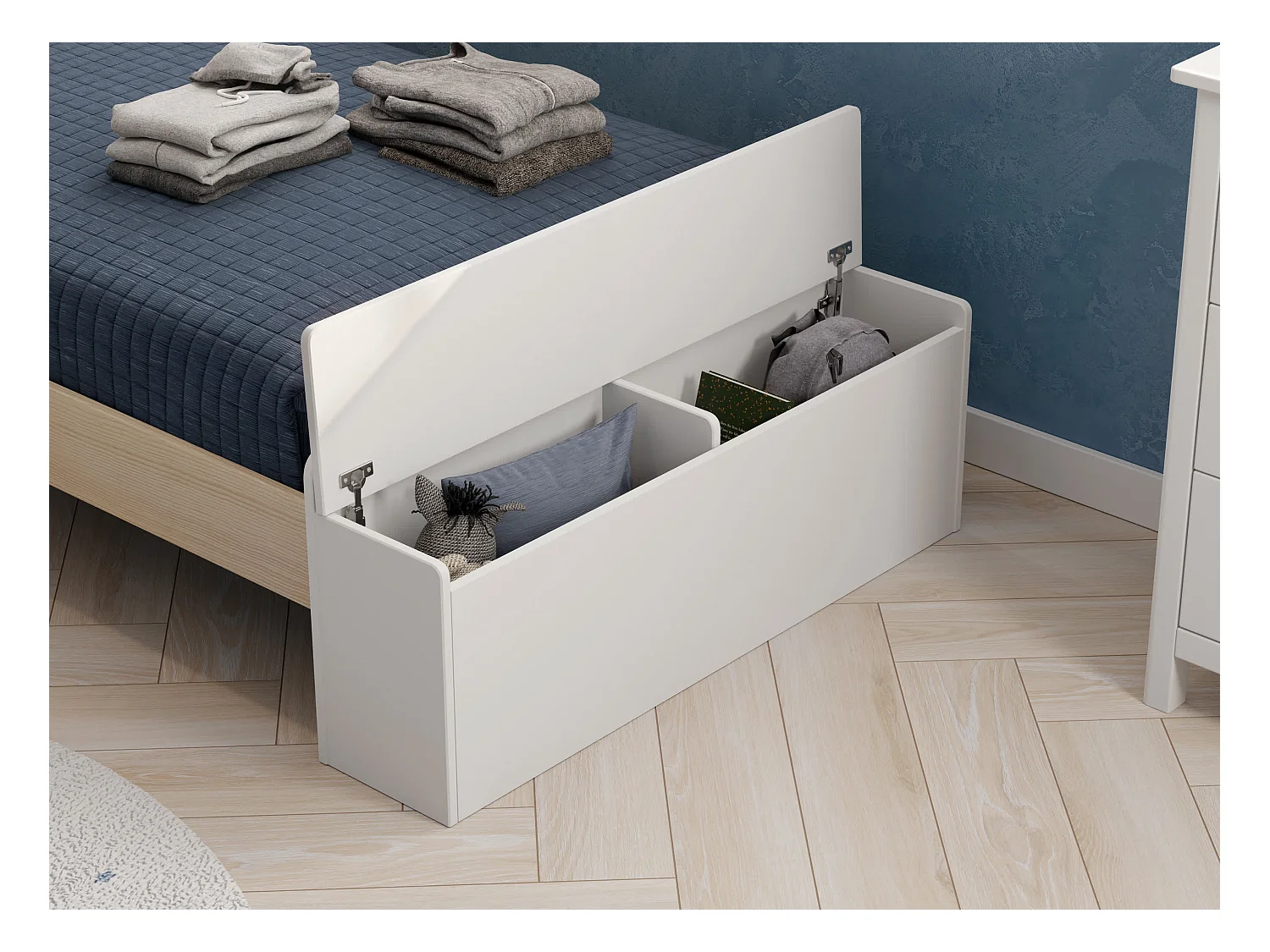 Lit simple avec étagère et coffre de rangement 216,5x153 cm