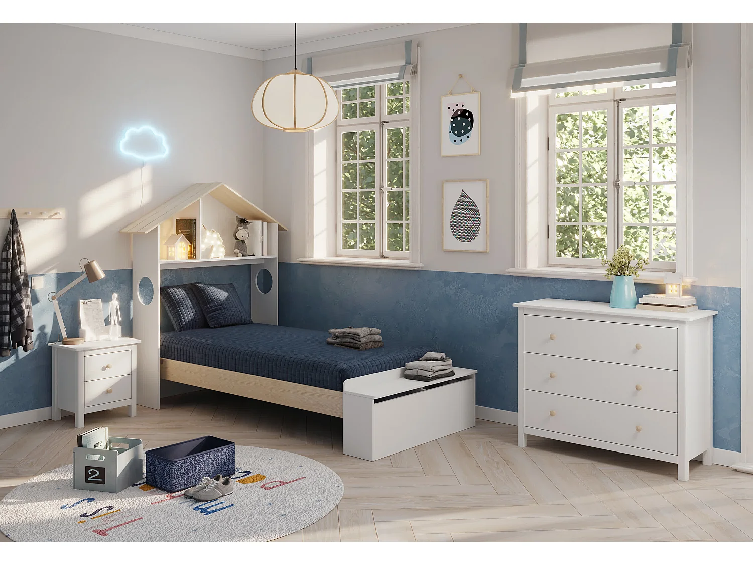 Lit simple avec étagère et coffre de rangement 216,5x153 cm