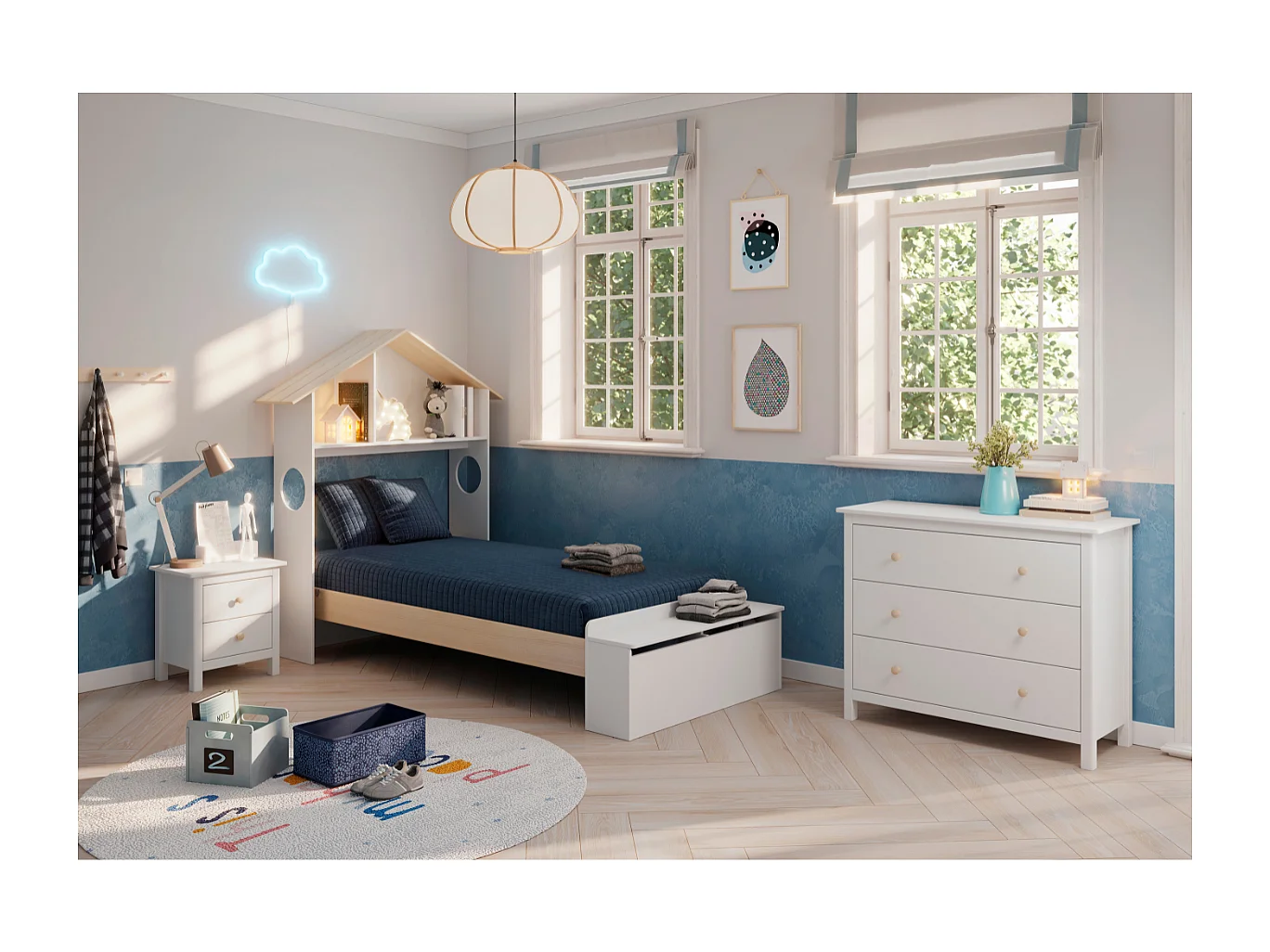 Lit simple avec étagère et coffre de rangement 216,5x153 cm