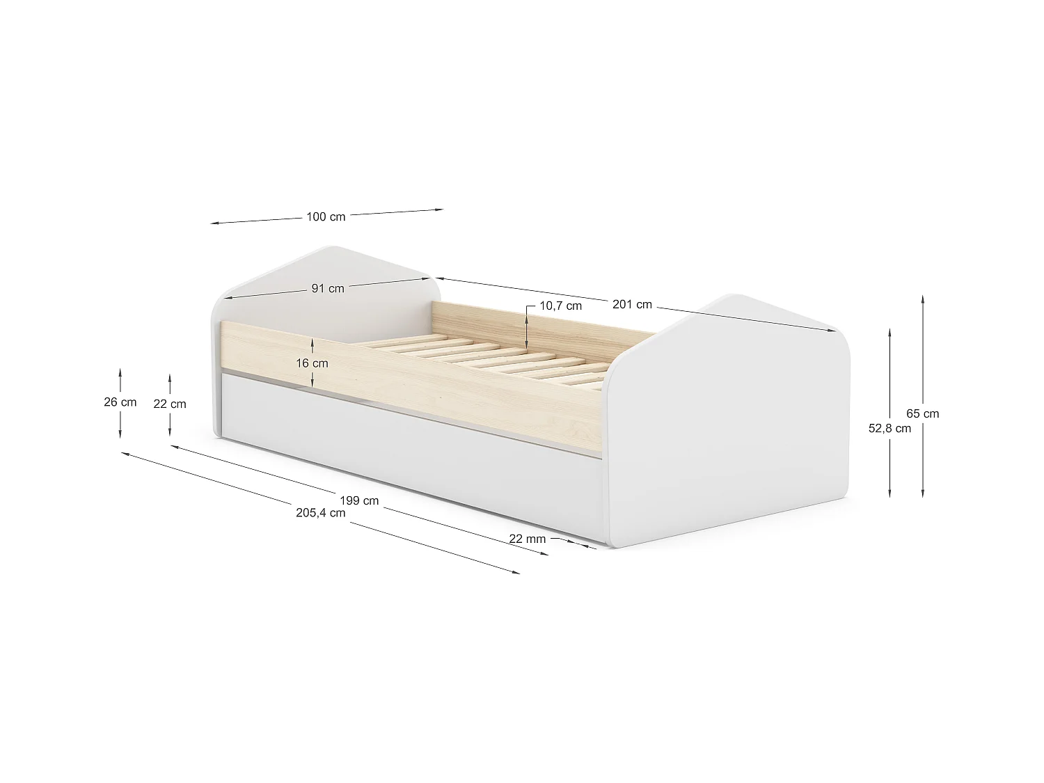 Letto singolo con cassettone estraibile 205x100 cm