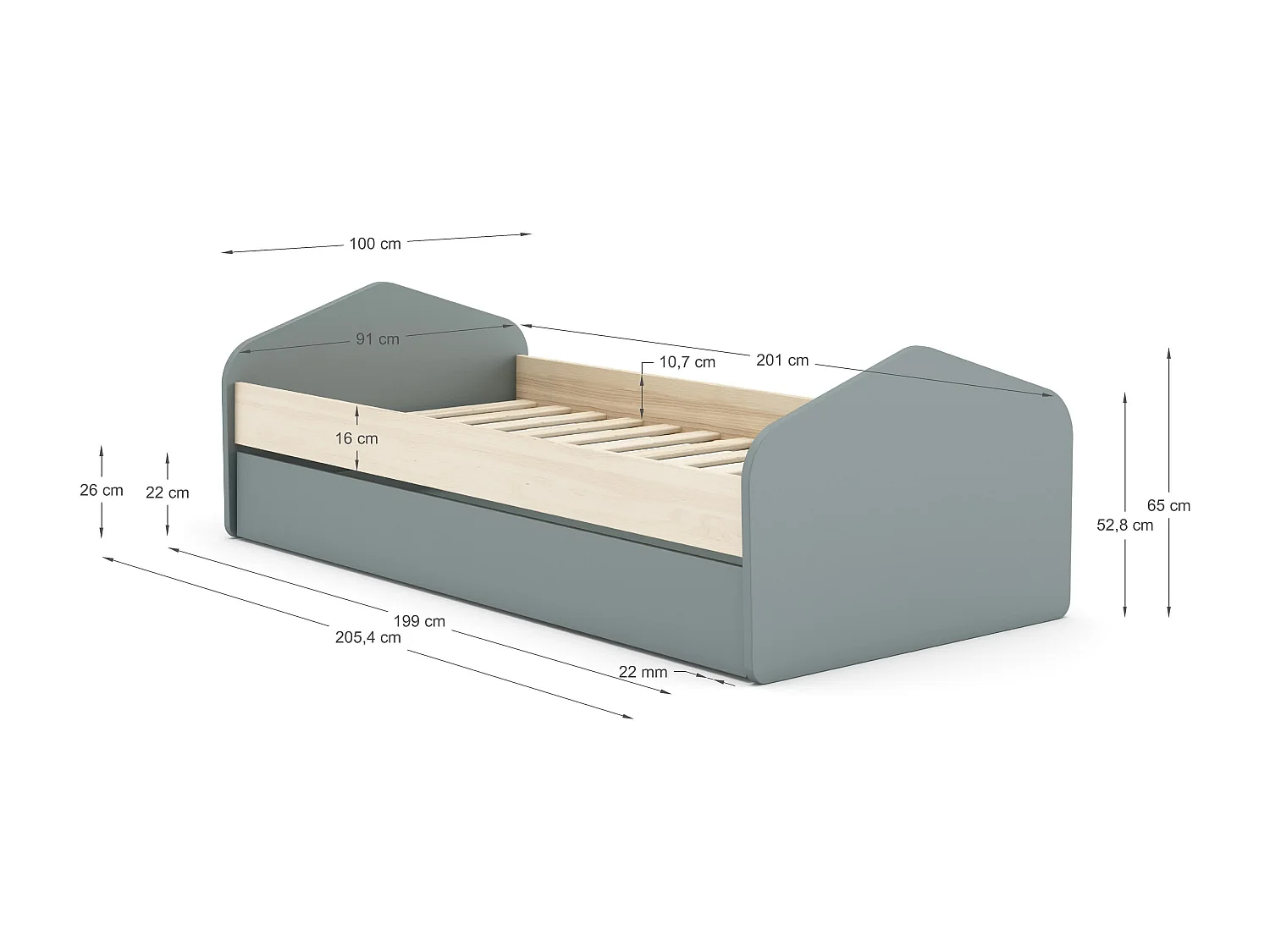 Letto singolo con cassettone estraibile 205x100 cm