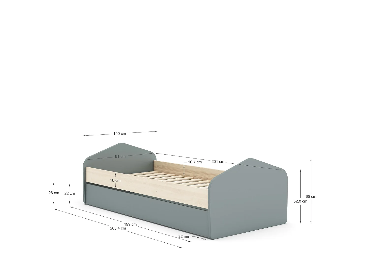 Individueel bed met extra vak 205x100 cm