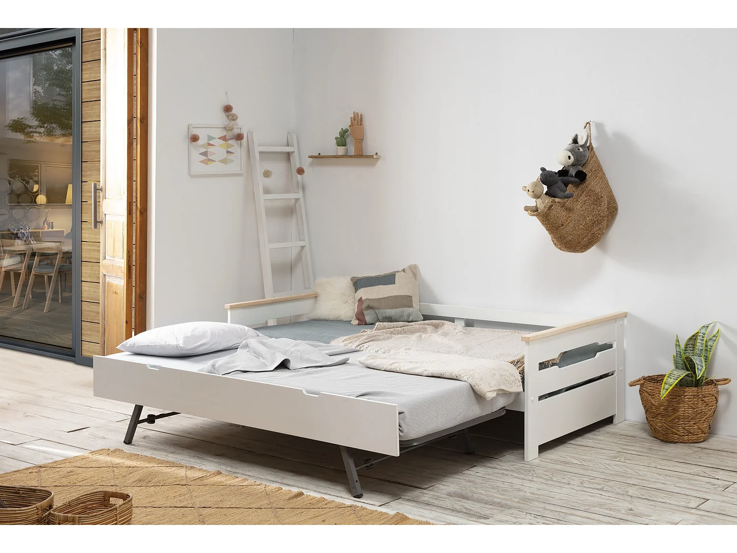 Lit pont gigogne double blanc 199x105 cm