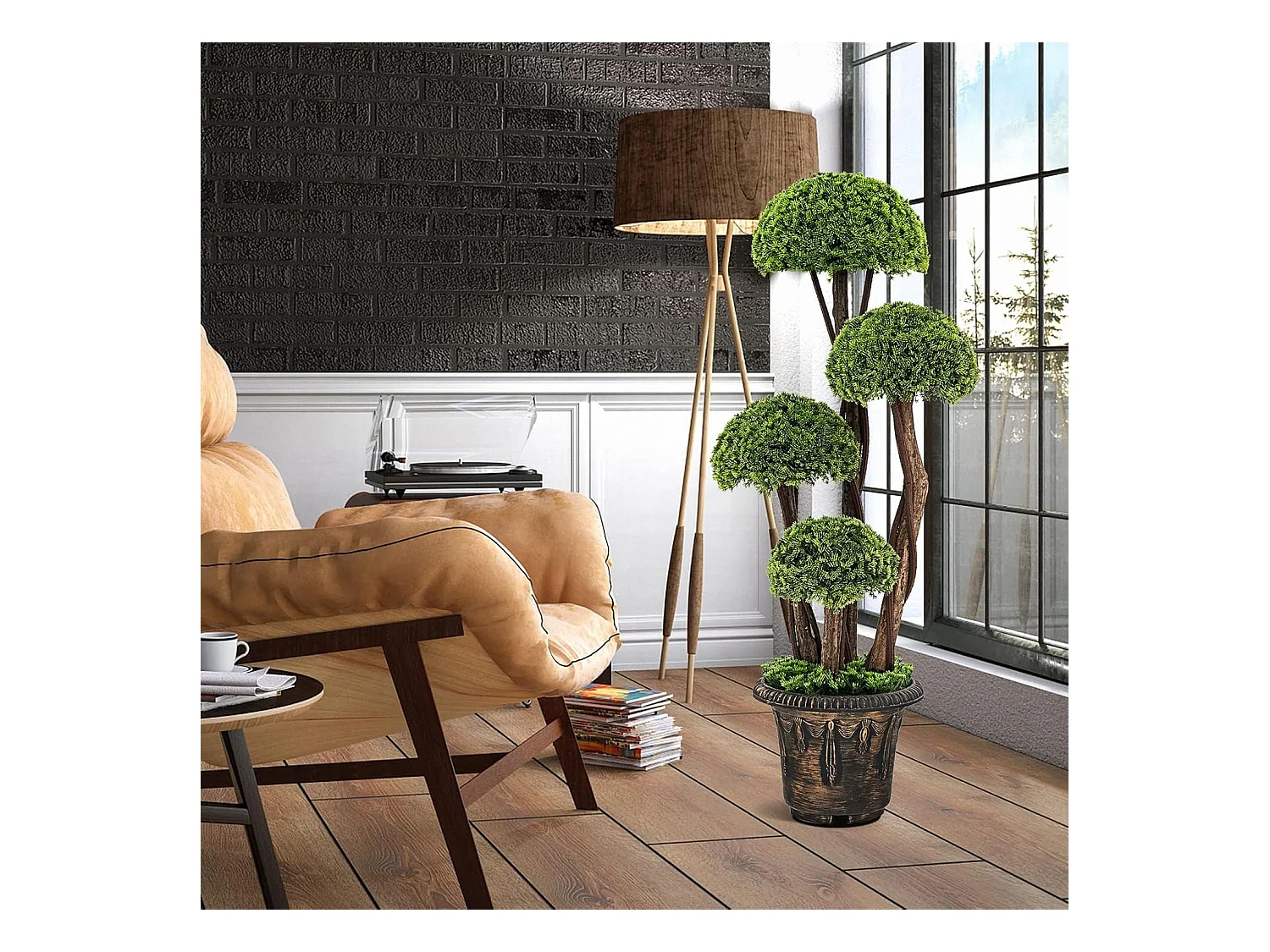 Kunstplant 90 cm, kunstgroene planten met 4 ballen & realistische stam, decoratieve kunstboom met pot, cypresplant voor entree thuiskantoor, groen