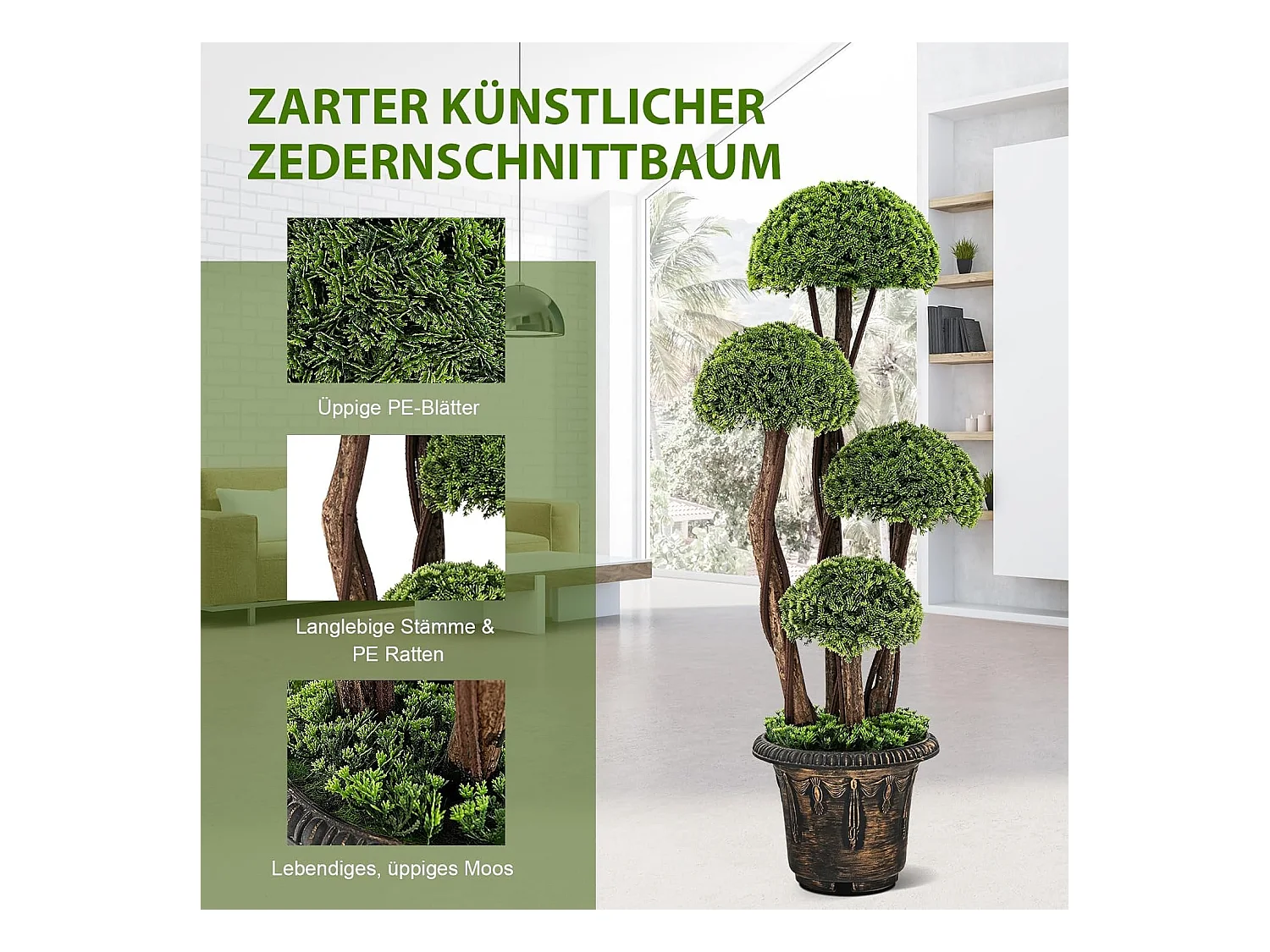 Kunstplant 90 cm, kunstgroene planten met 4 ballen & realistische stam, decoratieve kunstboom met pot, cypresplant voor entree thuiskantoor, groen