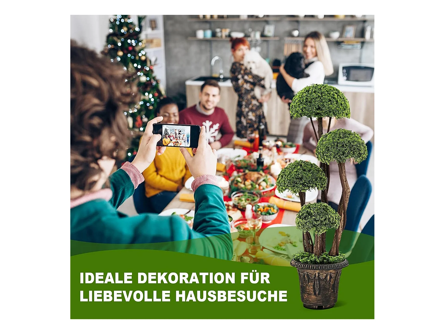 Kunstplant 90 cm, kunstgroene planten met 4 ballen & realistische stam, decoratieve kunstboom met pot, cypresplant voor entree thuiskantoor, groen