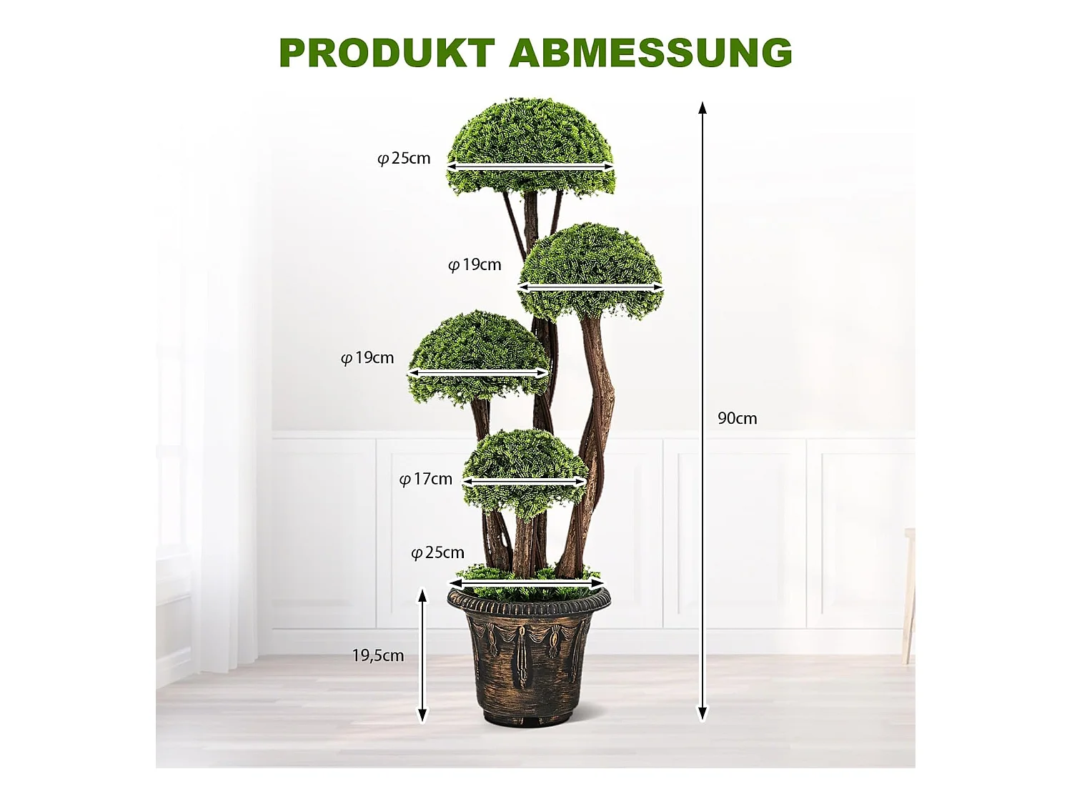 Kunstplant 90 cm, kunstgroene planten met 4 ballen & realistische stam, decoratieve kunstboom met pot, cypresplant voor entree thuiskantoor, groen