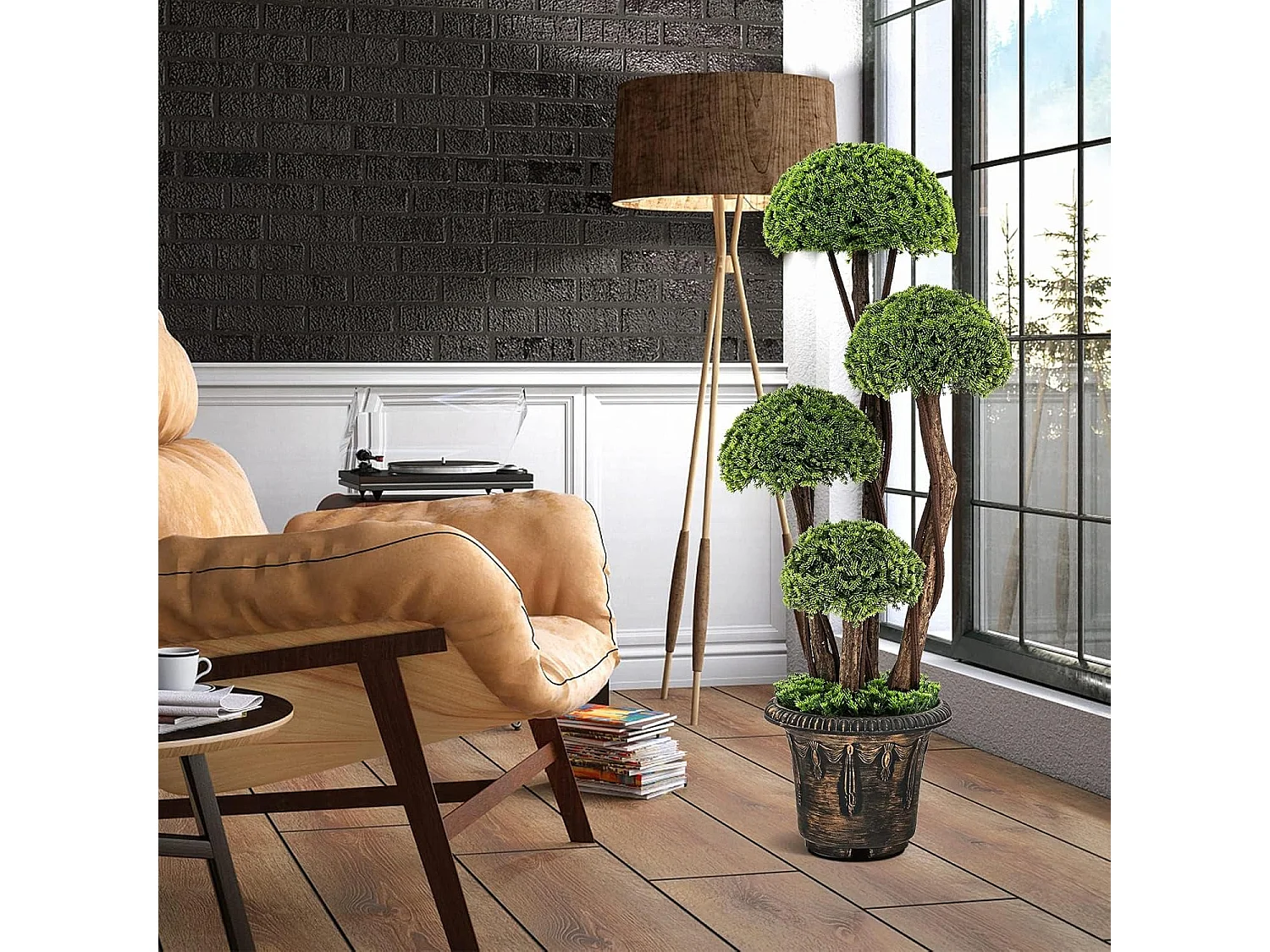 Kunstplant 90 cm, kunstgroene planten met 4 ballen & realistische stam, decoratieve kunstboom met pot, cypresplant voor entree thuiskantoor, groen