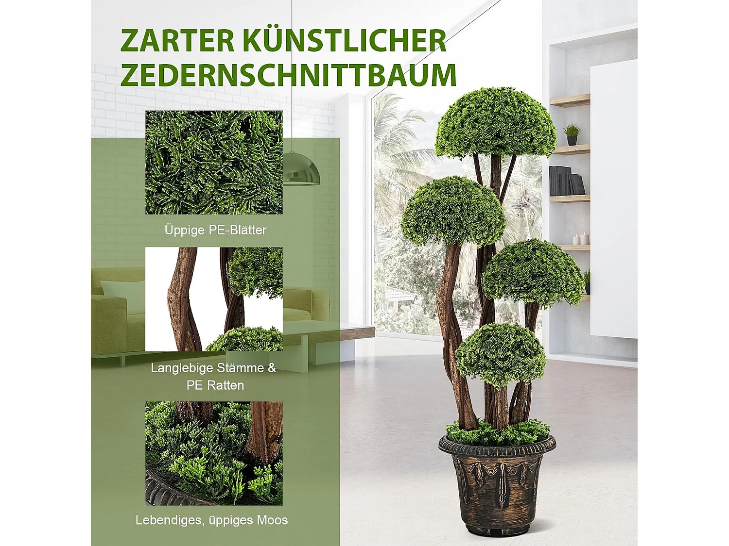 Kunstplant 90 cm, kunstgroene planten met 4 ballen & realistische stam, decoratieve kunstboom met pot, cypresplant voor entree thuiskantoor, groen